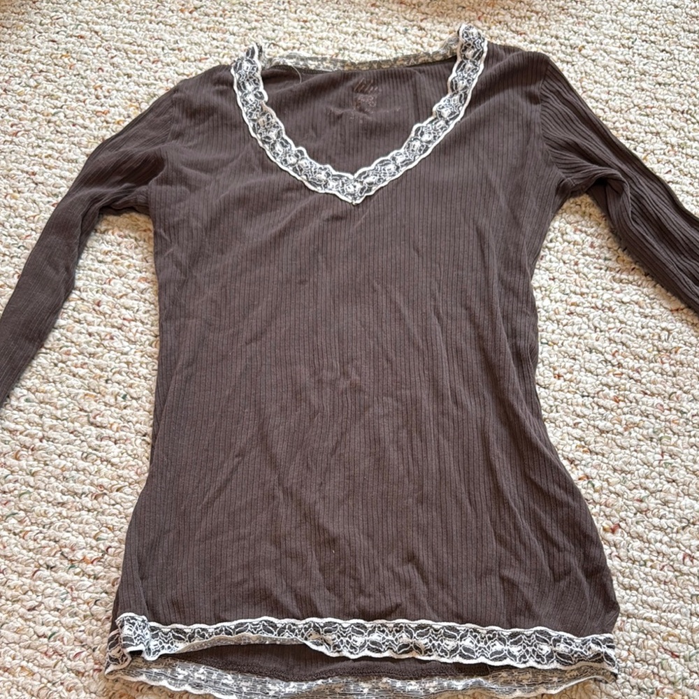 Elegant Brown Lace Trim Top